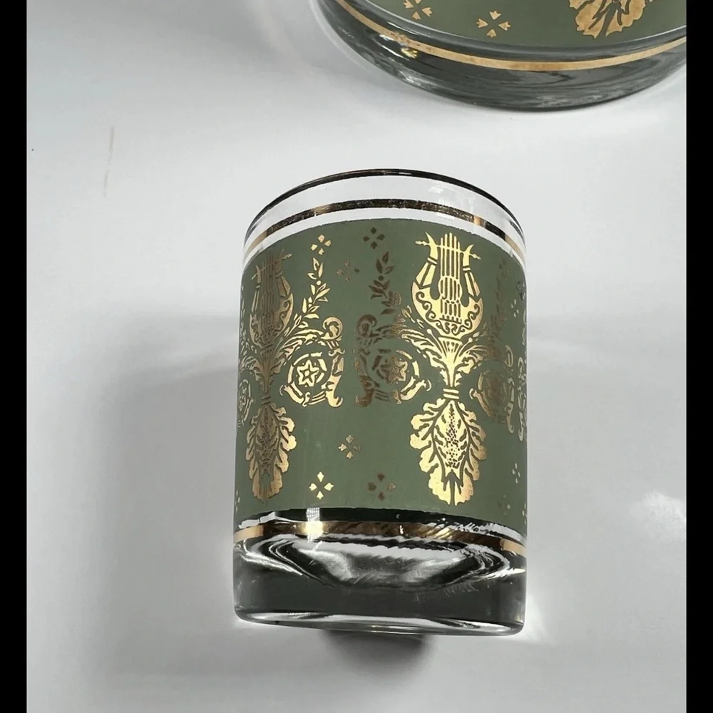 Vintage Green Gold Ice Bucket + 4 Small Glasses Hollywood Regency mid-century